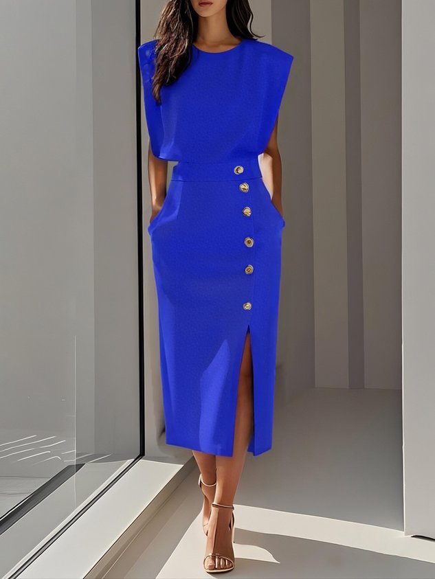 Malene™ | Vestido Midi Sólido com Fenda e Decote Redondo