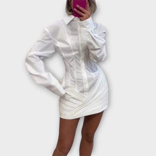 Indie - Vestido camisa plissado branco de manga longa