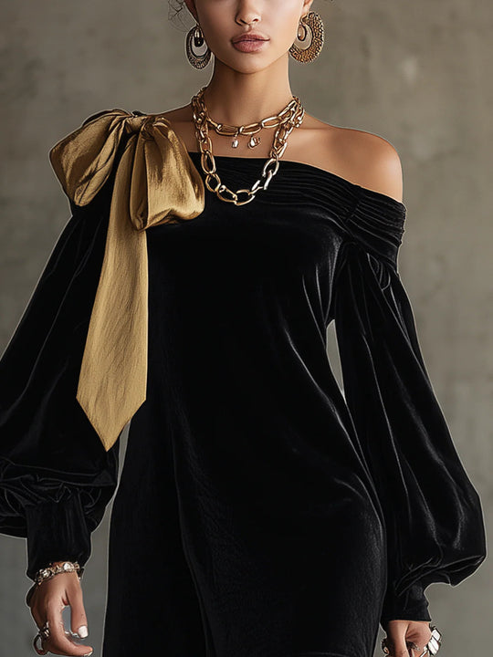 Vestido Mini Off-Shoulder em Patchwork de Veludo Preto e Cetim Dourado