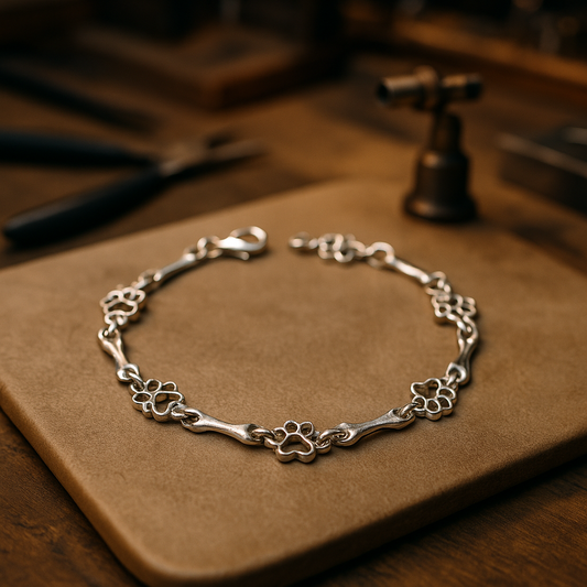 Pulseira de Charms em Prata Pura com Pata de Cachorro e Osso - Edição Limitada