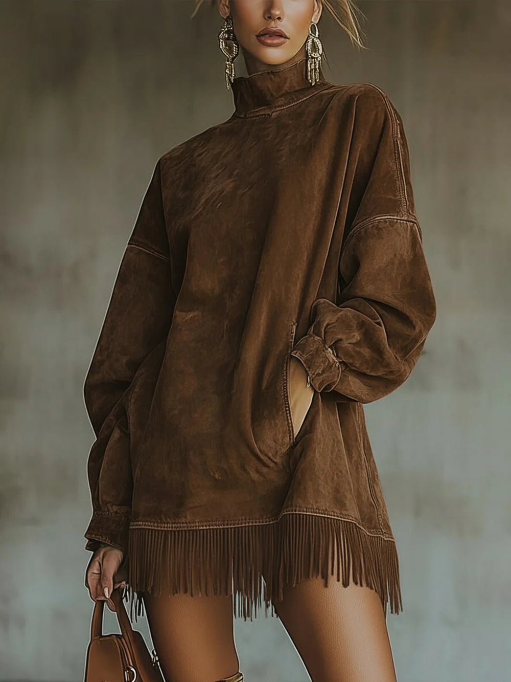 Vestido de Gola Alta em Suede Sintético
