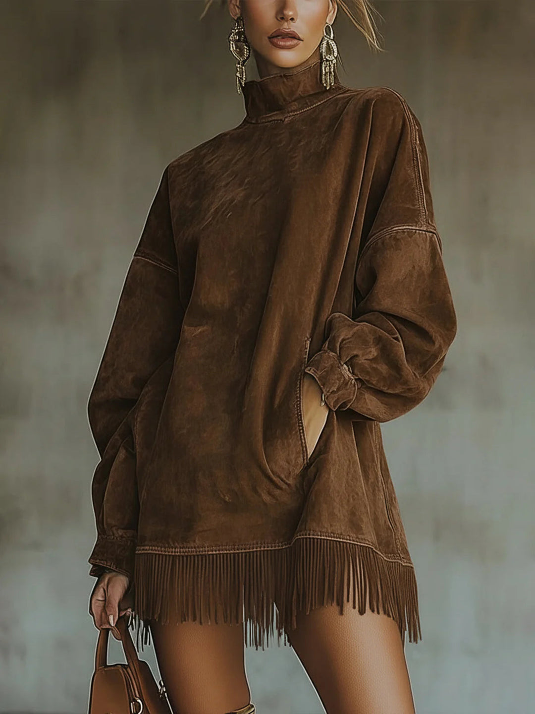 Vestido de Gola Alta em Suede Sintético