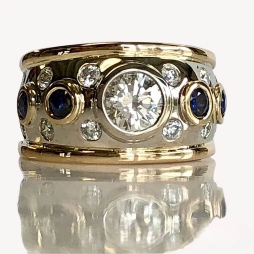 ANEL DE ZIRCÔNIA DOURADO VINTAGE COM INLAY