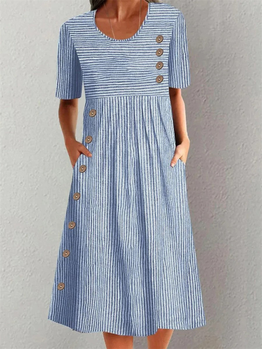 CORA | VESTIDO MIDI LISTRADO COM ELEGÂNCIA DESCONTRAÍDA