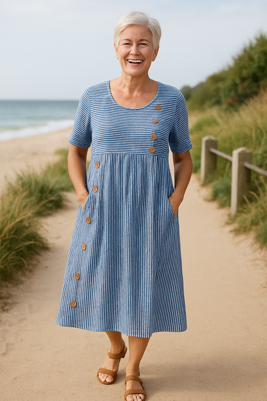 Brienne | Vestido Midi Listrado – Conforto Sem Esforço, Confiança Todo Dia