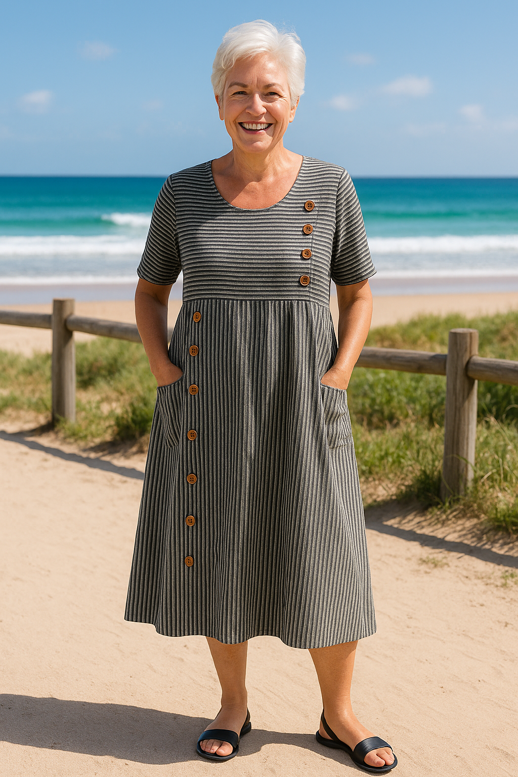 Brienne | Vestido Midi Listrado – Conforto Sem Esforço, Confiança Todo Dia