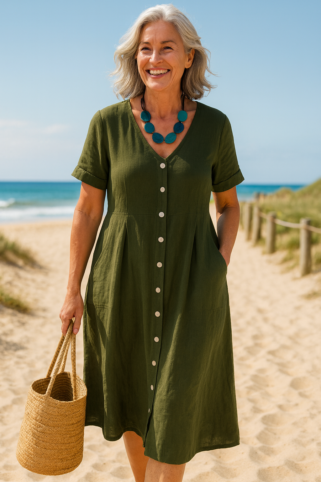 Anna | Vestido Midi de Algodão e Linho para o Dia a Dia