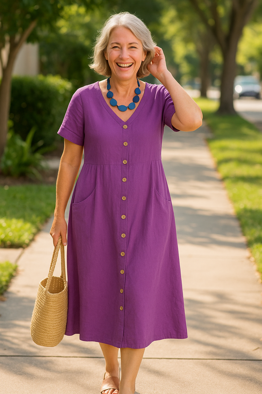Anna | Vestido Midi de Algodão e Linho para o Dia a Dia