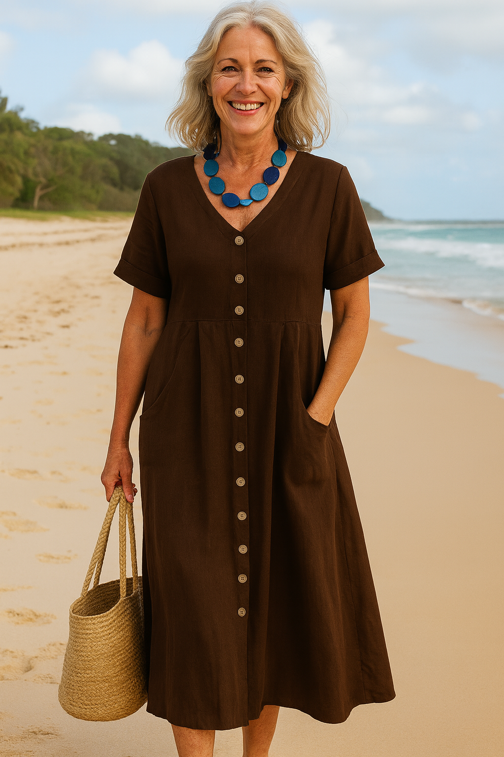 Anna | Vestido Midi de Algodão e Linho para o Dia a Dia