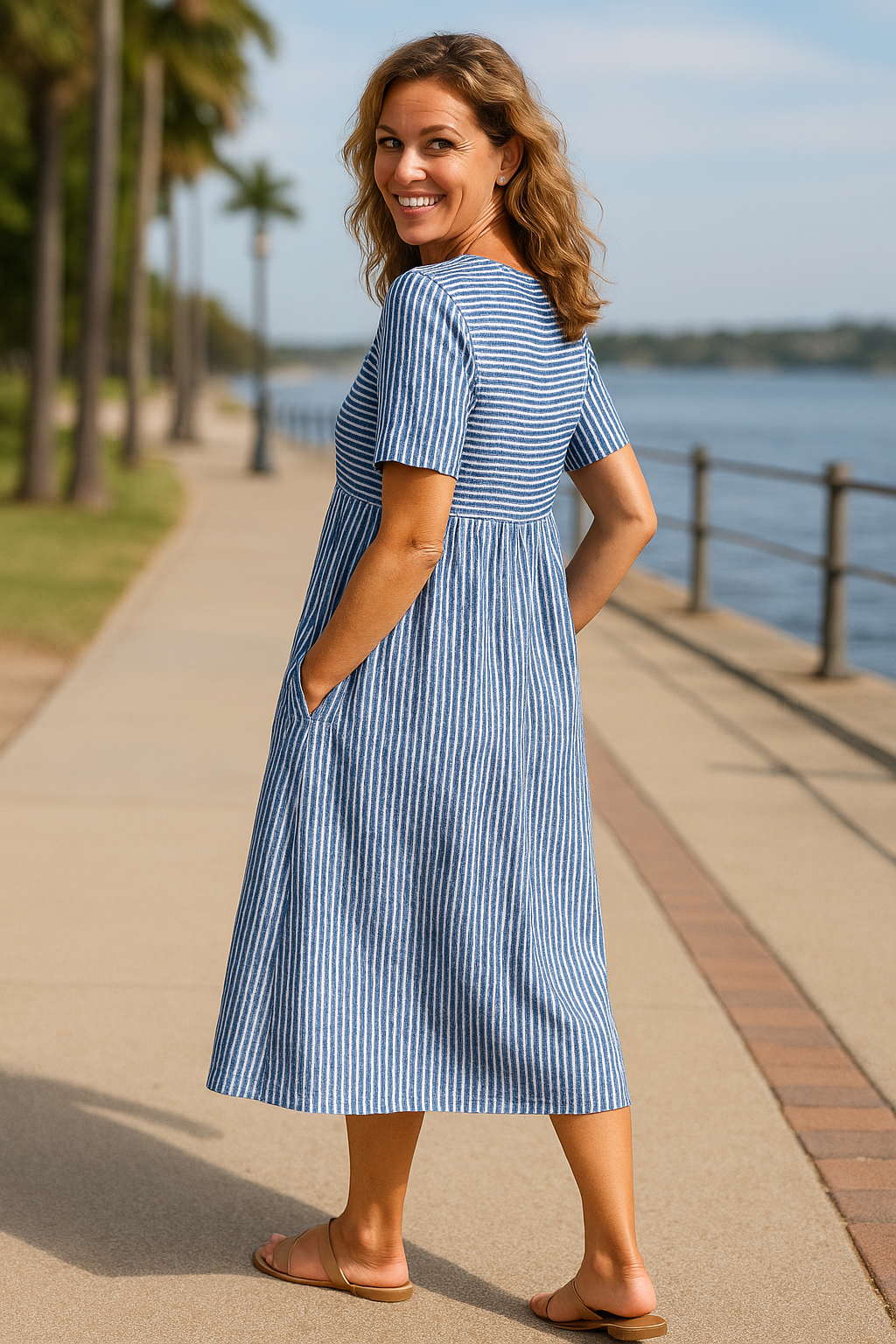 Louise | Vestido Midi Listrado – Conforto Sem Esforço, Confiança Diária