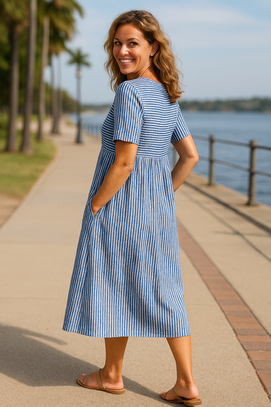 Louise | Vestido Midi Listrado – Conforto Sem Esforço, Confiança Diária