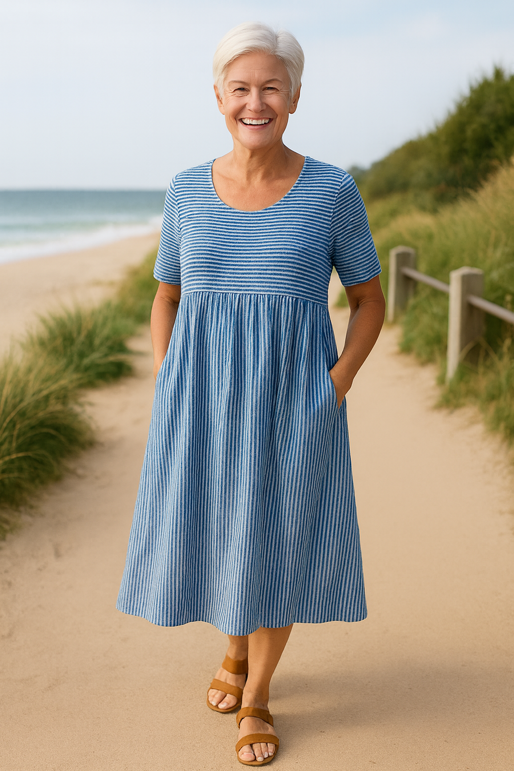 Louise | Vestido Midi Listrado – Conforto Sem Esforço, Confiança Diária