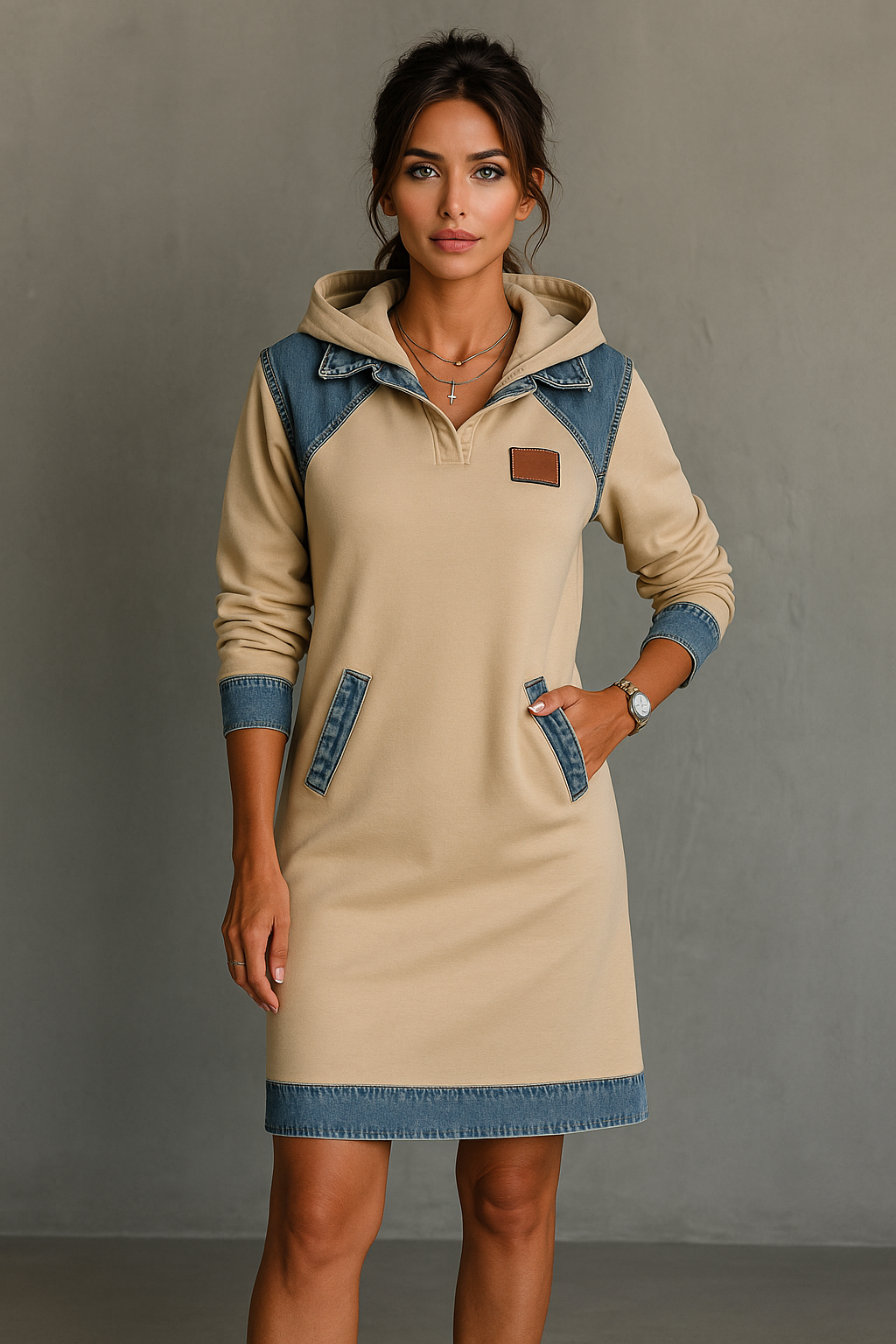 Viktoria – Vestido casual com capuz e detalhes em denim