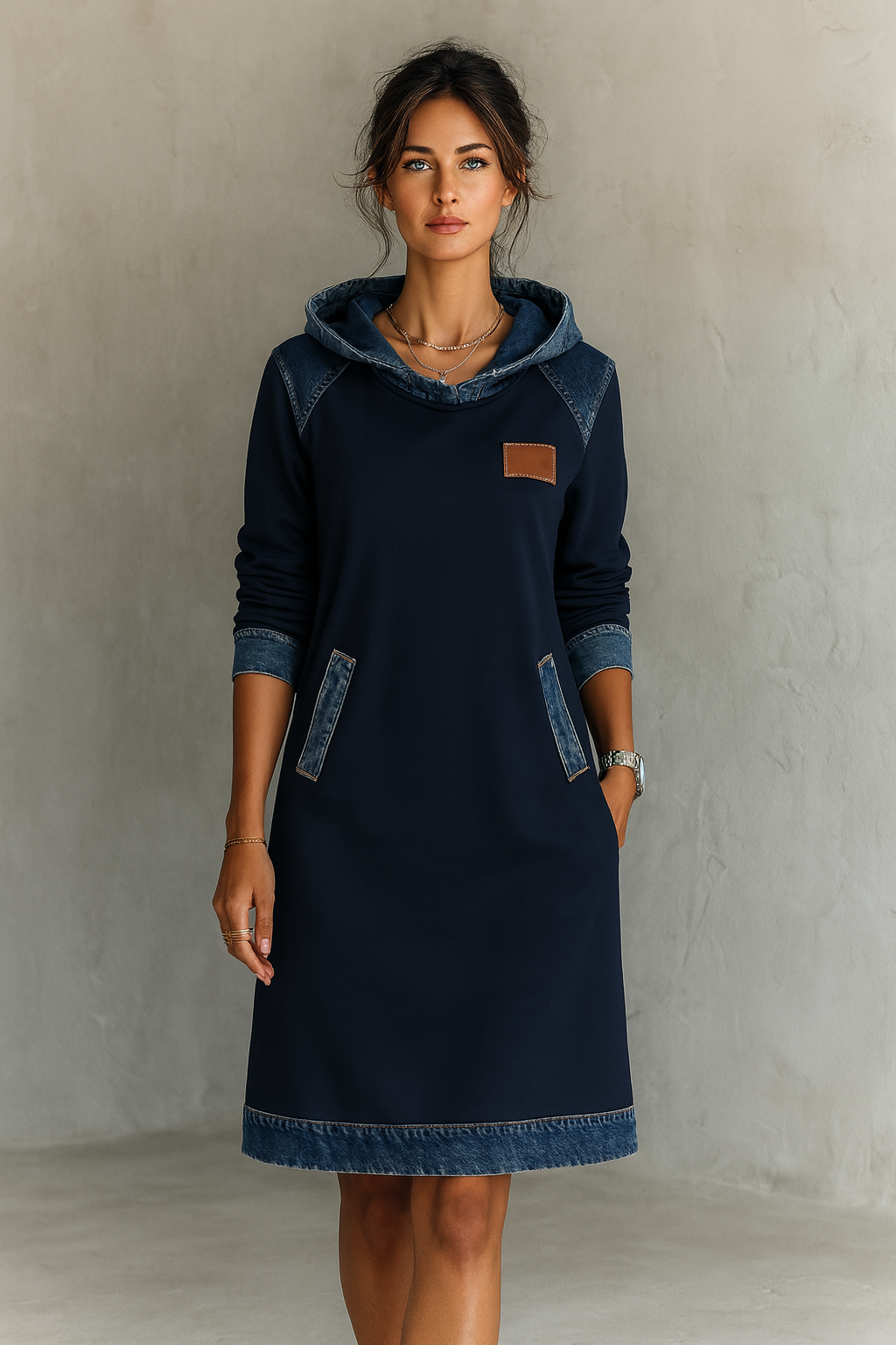 Viktoria – Vestido casual com capuz e detalhes em denim
