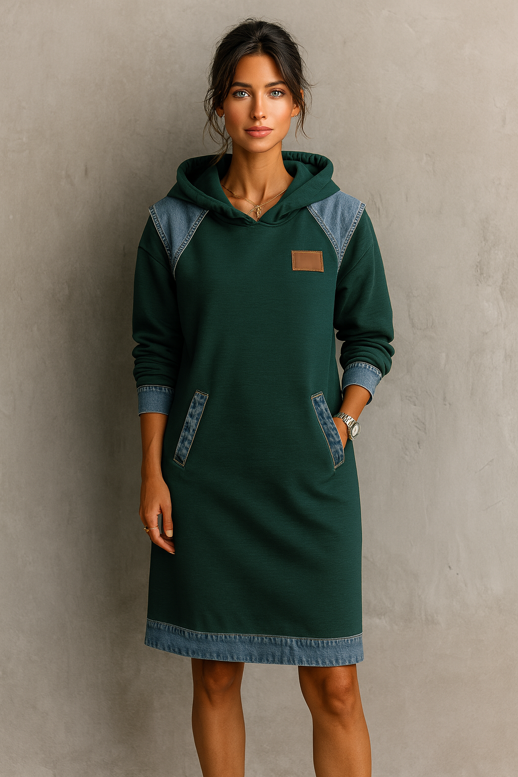 Viktoria – Vestido casual com capuz e detalhes em denim