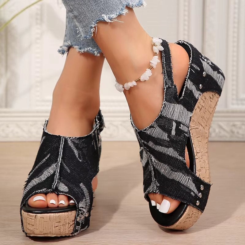 DenimLift - Sandálias de Salto em Cortiça para Mulheres em Denim