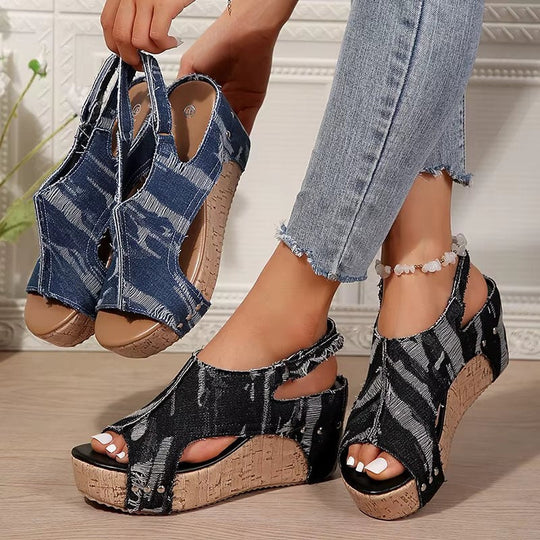DenimLift - Sandálias de Salto em Cortiça para Mulheres em Denim