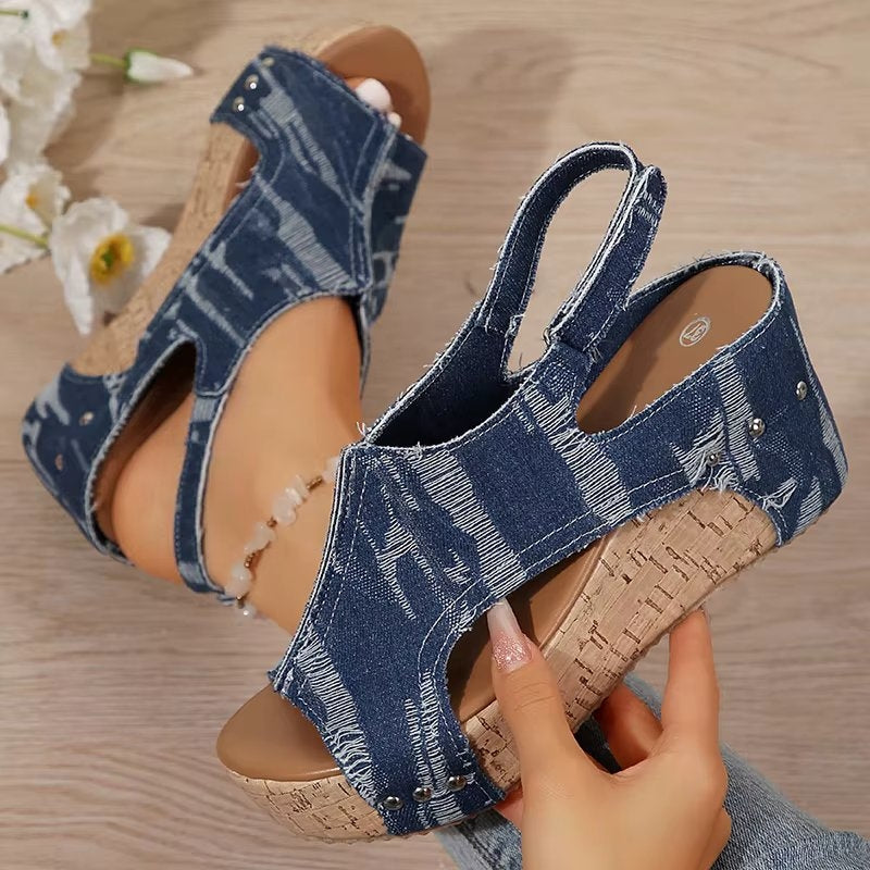 DenimLift - Sandálias de Salto em Cortiça para Mulheres em Denim
