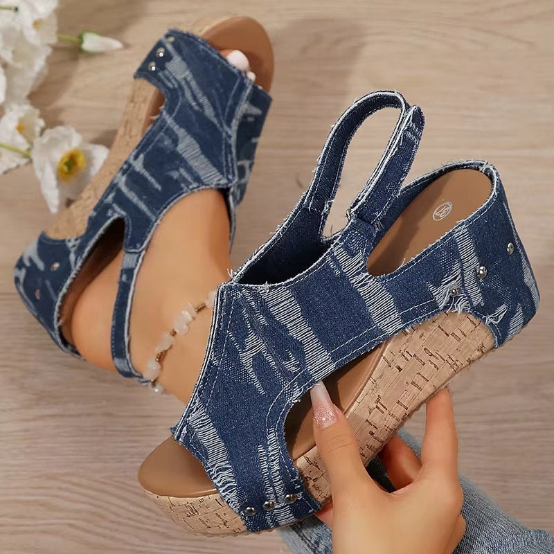 DenimLift - Sandálias de Salto em Cortiça para Mulheres em Denim