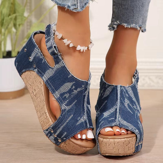 DenimLift - Sandálias de Salto em Cortiça para Mulheres em Denim