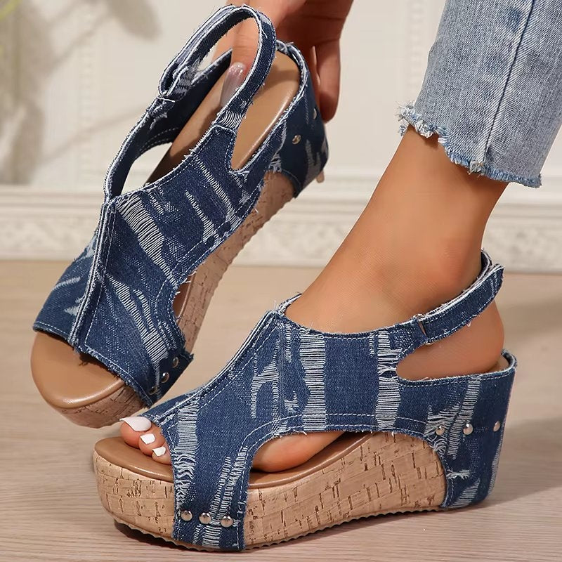 DenimLift - Sandálias de Salto em Cortiça para Mulheres em Denim