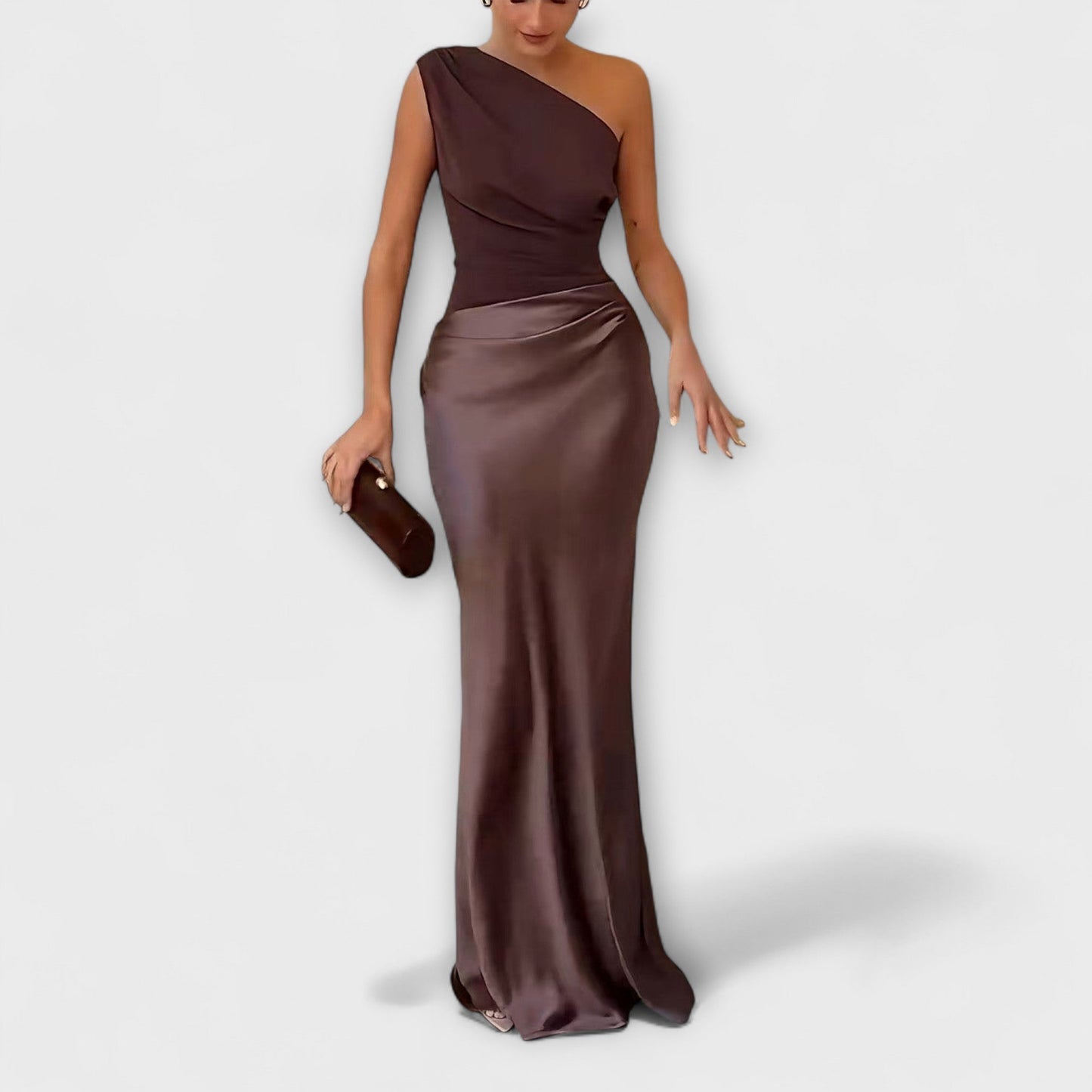 Elegante Vestido Maxi de Um Ombro com Pregas