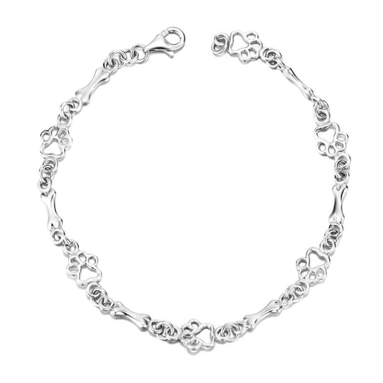 Pulseira de Charms em Prata Pura com Pata de Cachorro e Osso - Edição Limitada