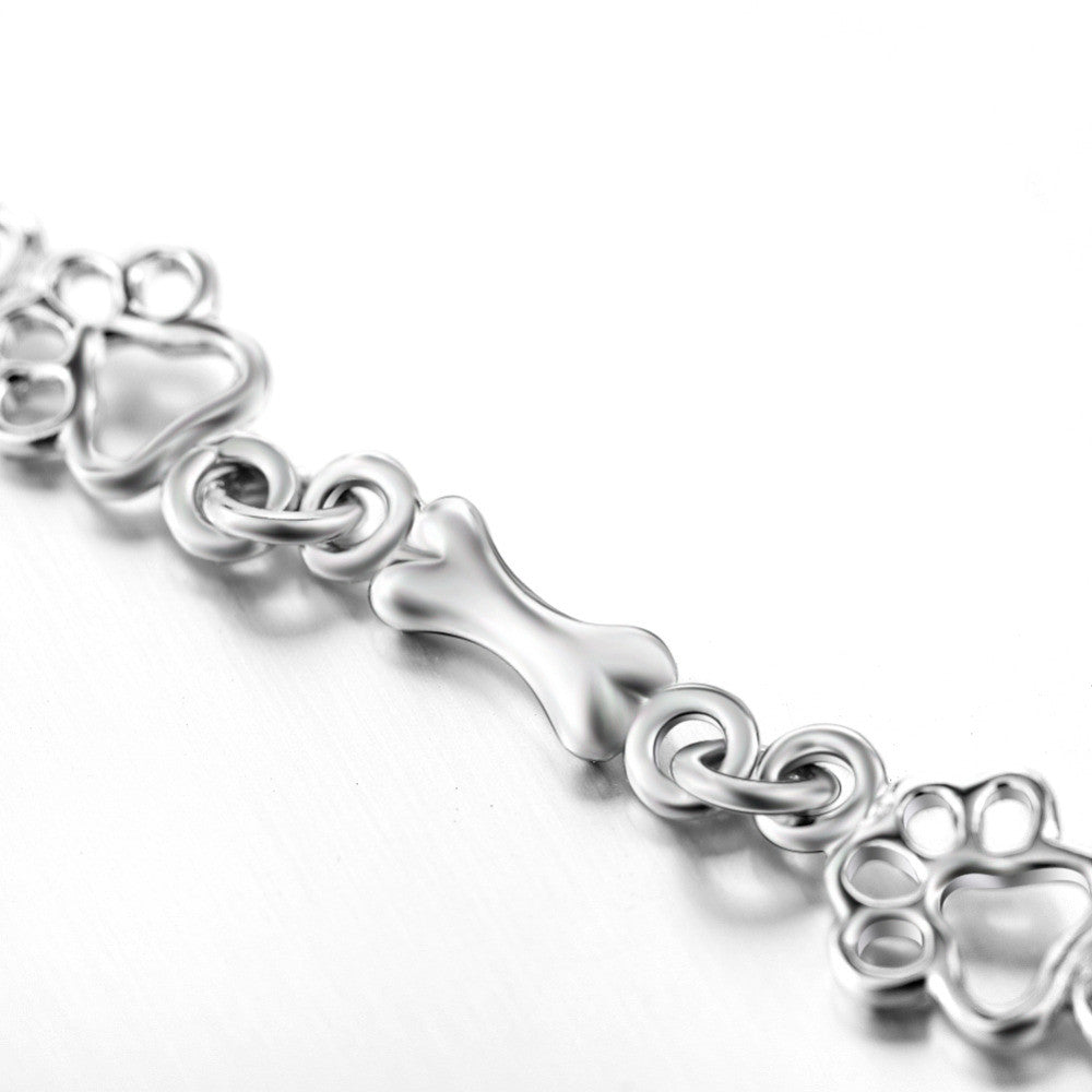 Pulseira de Charms em Prata Pura com Pata de Cachorro e Osso - Edição Limitada