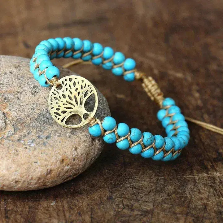 Pulseira Árvore da Vida Feita à Mão com Pedra Turquesa