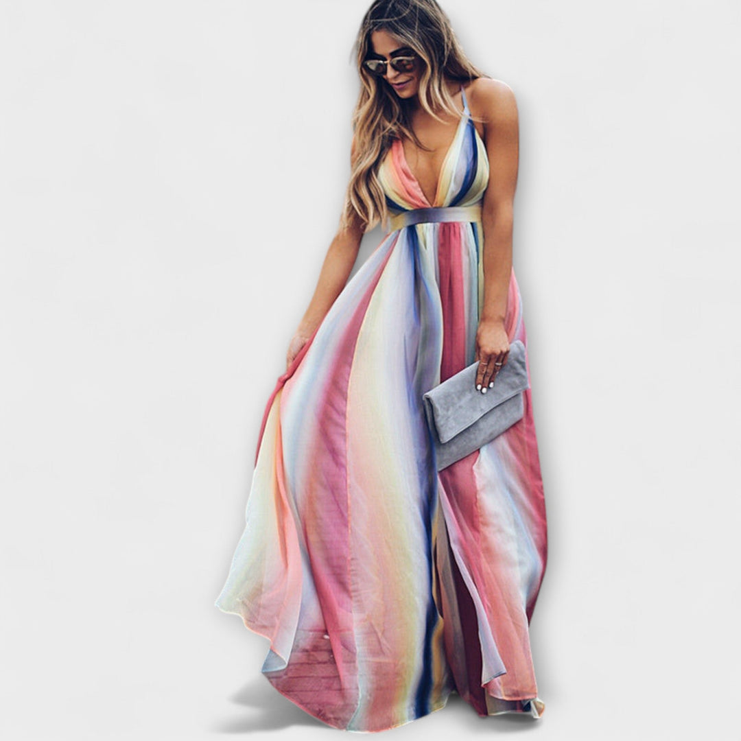 Vestido Feminino Listrado Multicolorido com Decote em V