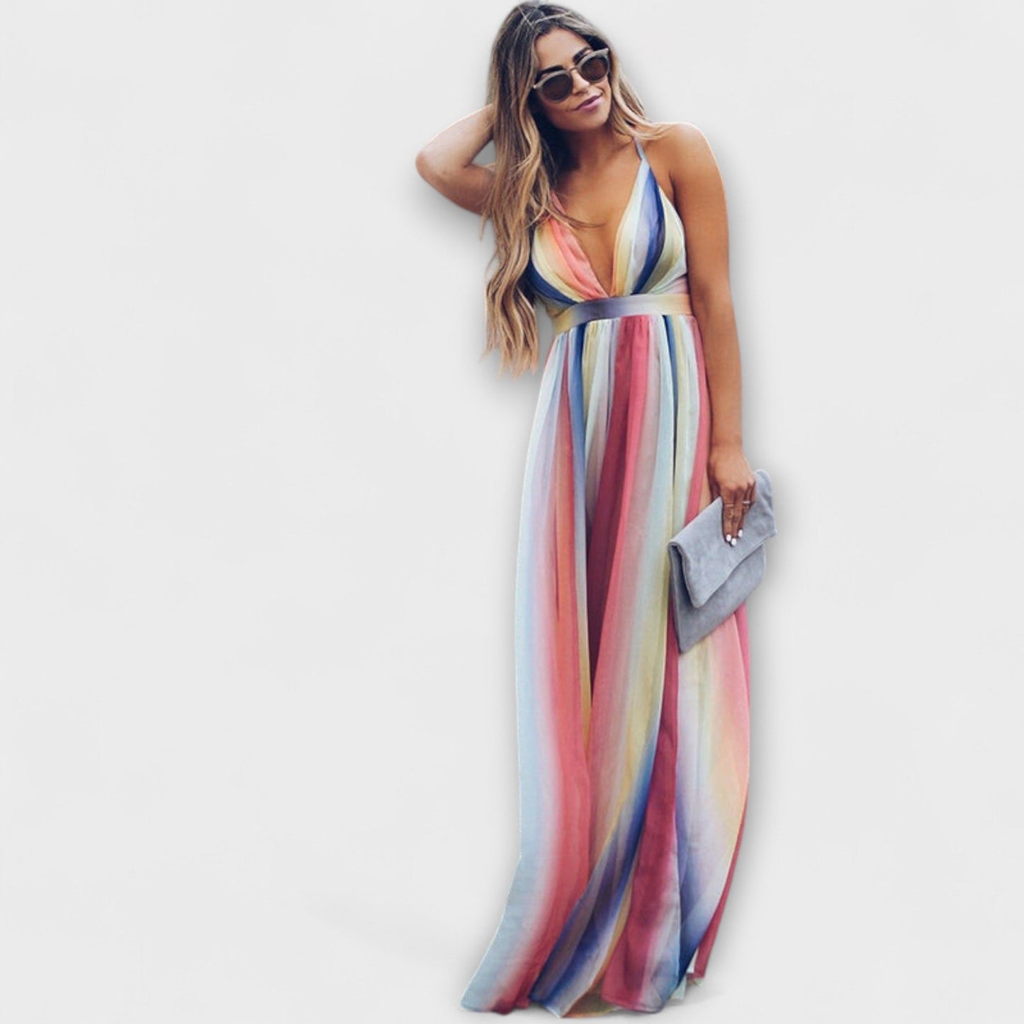 Vestido Feminino Listrado Multicolorido com Decote em V