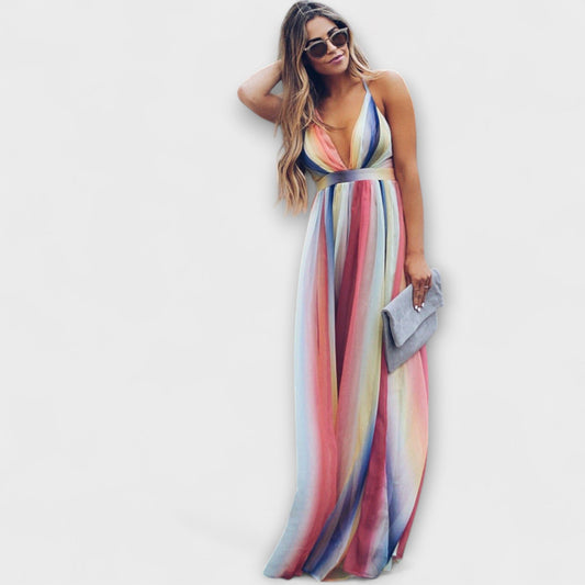 Vestido Feminino Listrado Multicolorido com Decote em V