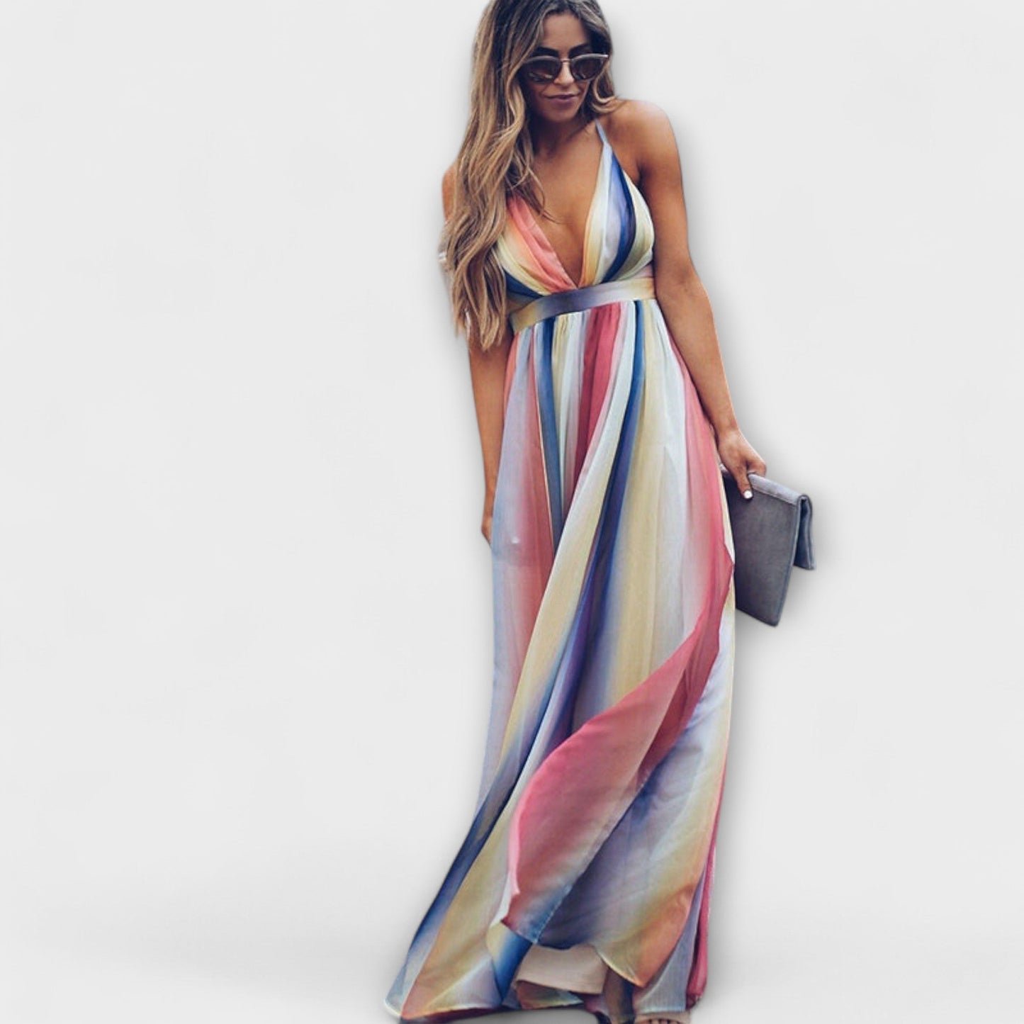 Vestido Feminino Listrado Multicolorido com Decote em V