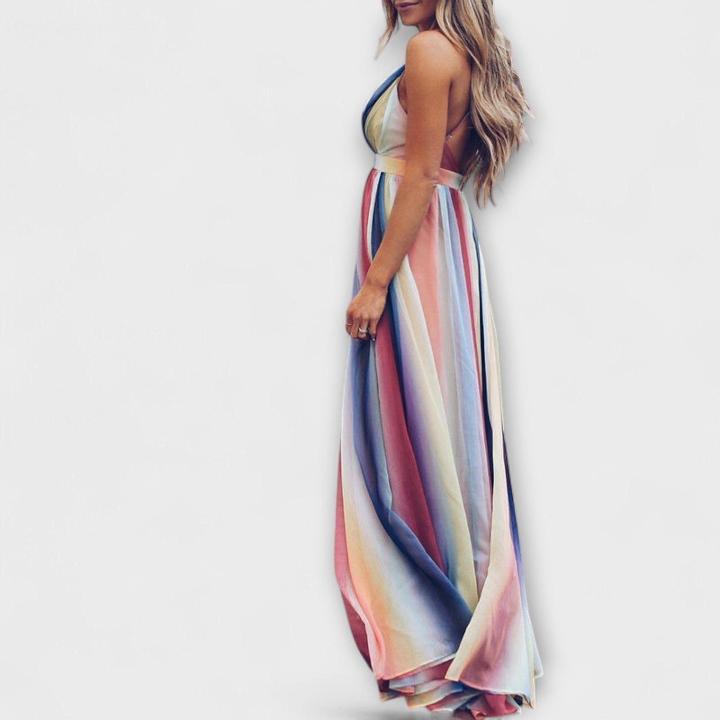 Vestido Feminino Listrado Multicolorido com Decote em V