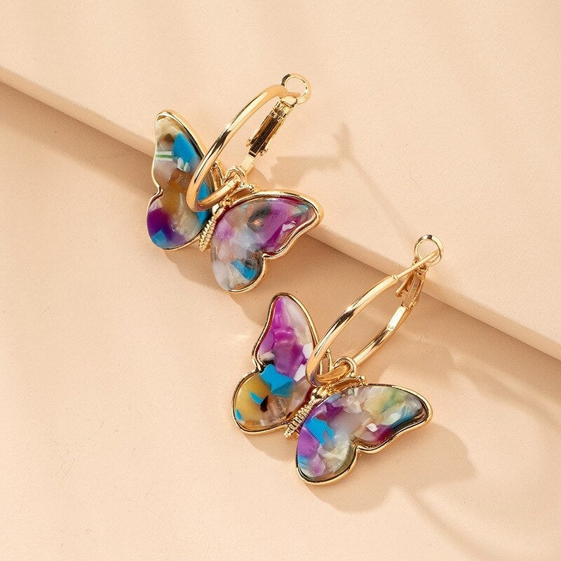 Brincos de Argola em Ouro Multicoloridos com Motivo de Borboleta
