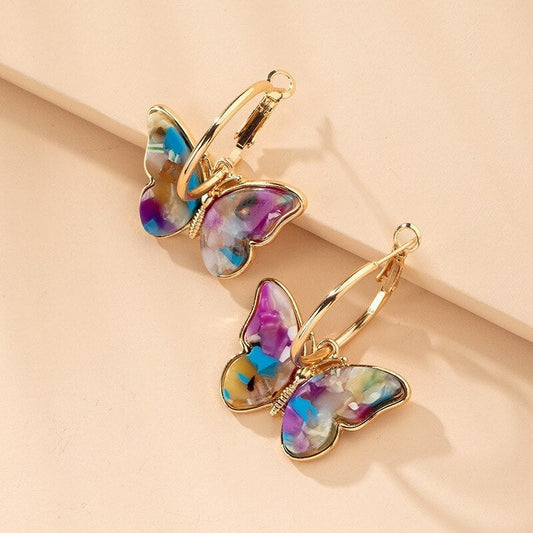 Brincos de Argola em Ouro Multicoloridos com Motivo de Borboleta