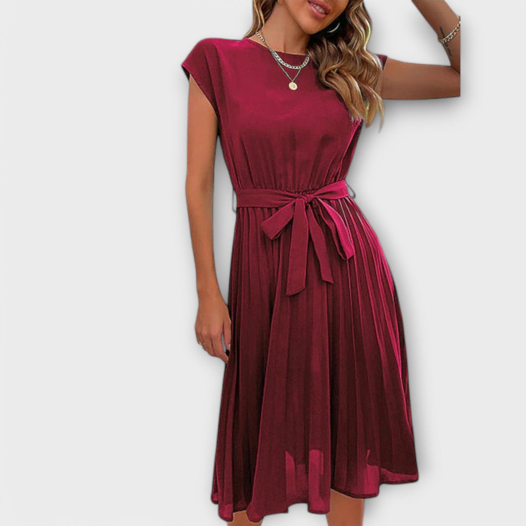 Claire - Vestido Midi Casual de Manga Curta e Plissado