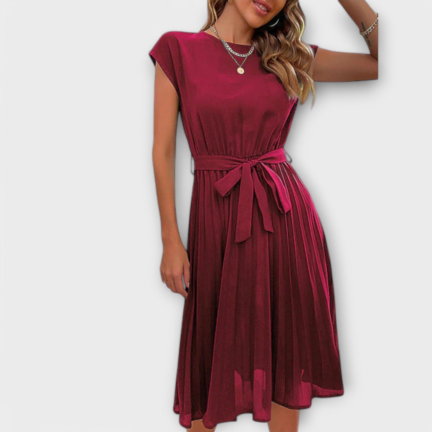 Claire - Vestido Midi Casual de Manga Curta e Plissado