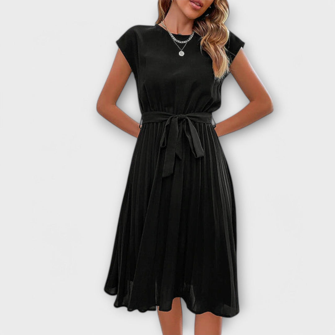 Claire - Vestido Midi Casual de Manga Curta e Plissado