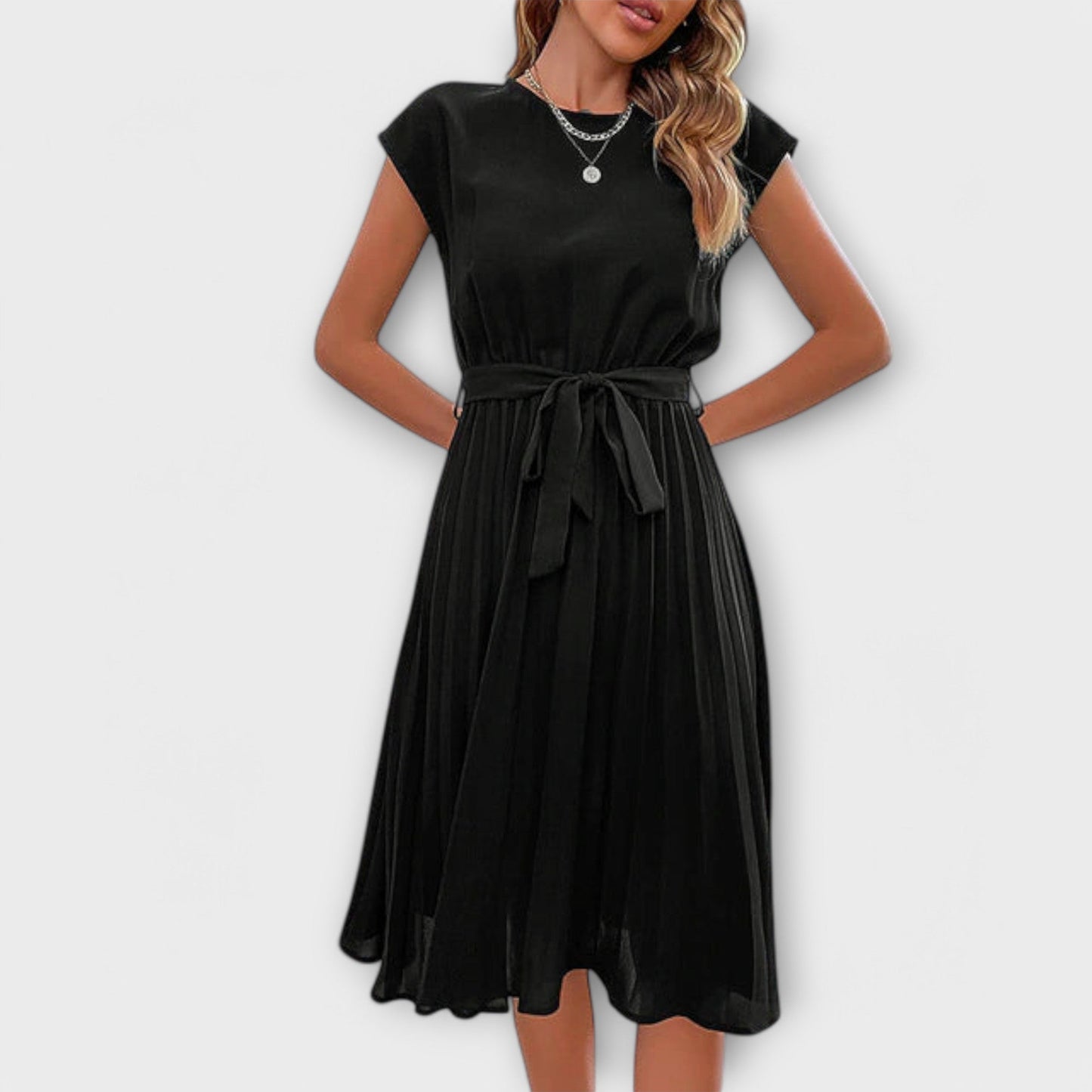 Claire - Vestido Midi Casual de Manga Curta e Plissado