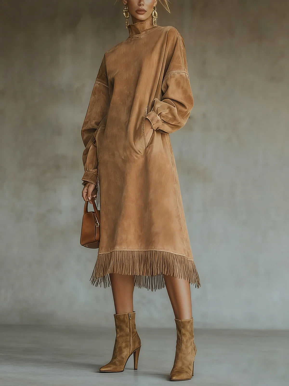 Vestido de Gola Alta em Suede