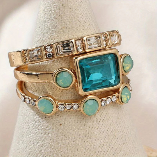 Conjunto Vintage com Anéis de Cristal Azul