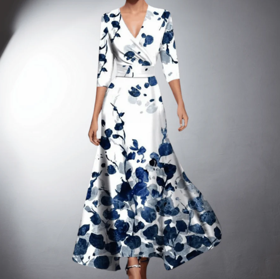 Zoe - Vestido Maxi Floral Clássico com Decote em V