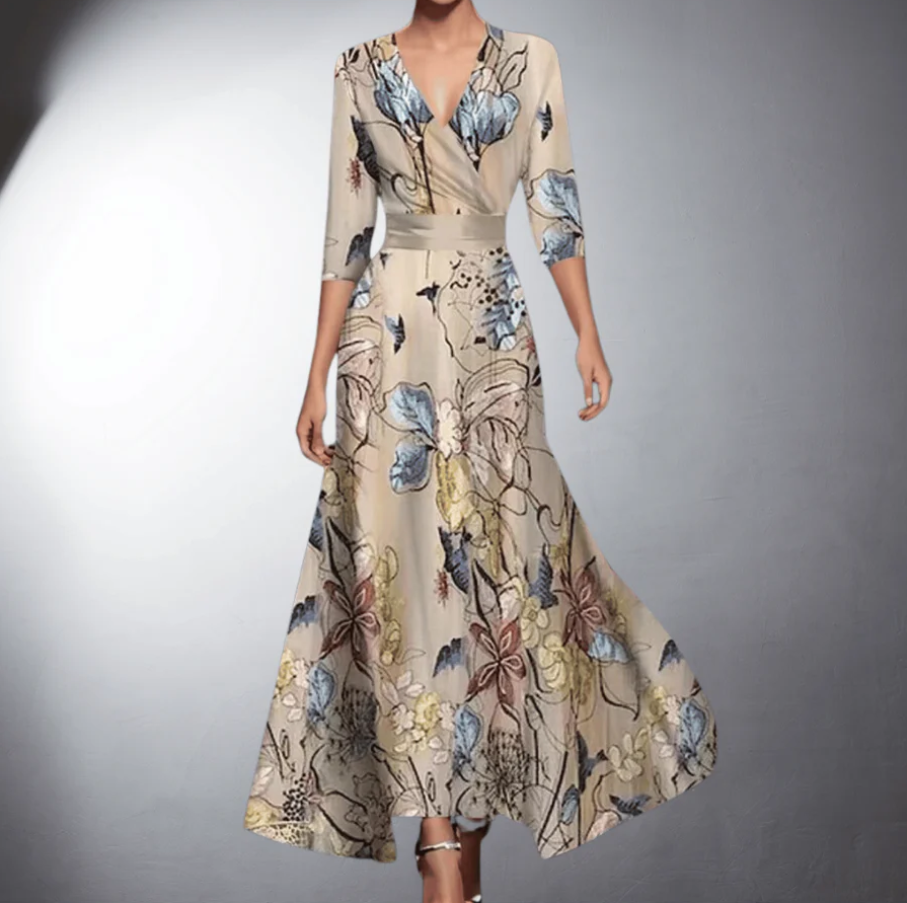 Zoe - Vestido Maxi Floral Clássico com Decote em V
