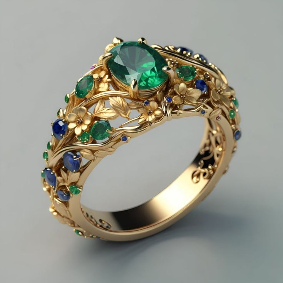 Anel de ouro com cristais verdes e azuis