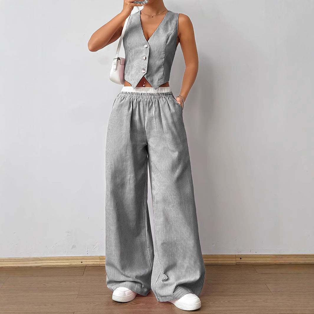 HELENA™ - Conjunto de Top de Alças com Estampa Listrada Elegante e Calças de Perna Larga
