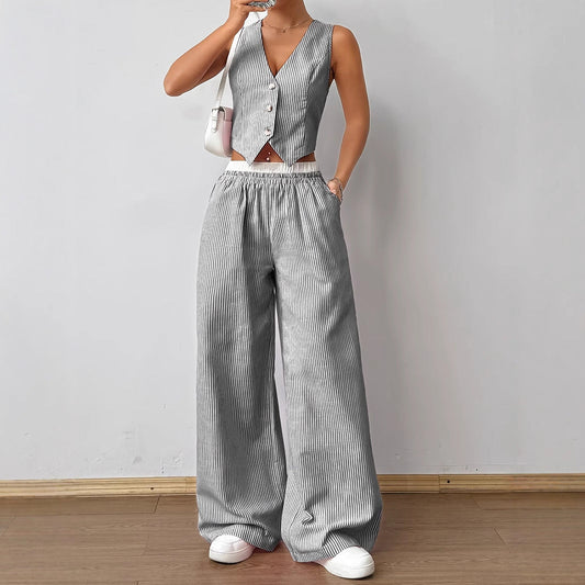 HELENA™ - Conjunto de Top de Alças com Estampa Listrada Elegante e Calças de Perna Larga