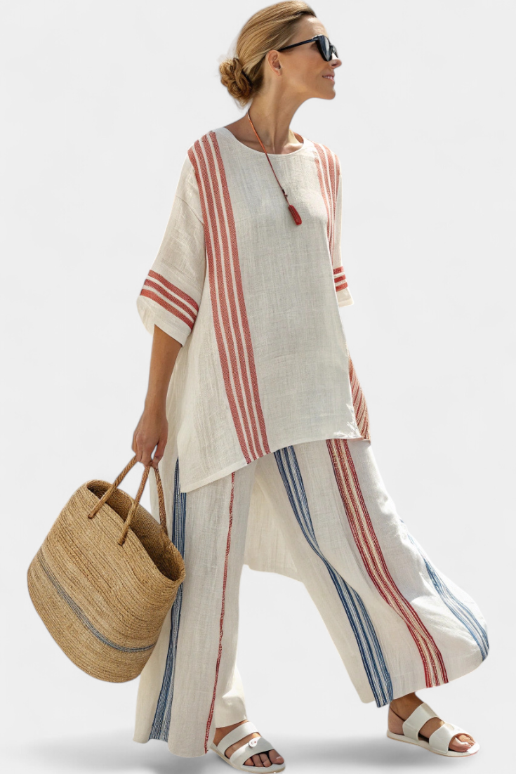 Solvane | Top Listrado Multicolorido Sofisticado & Calças Mediterrâneas