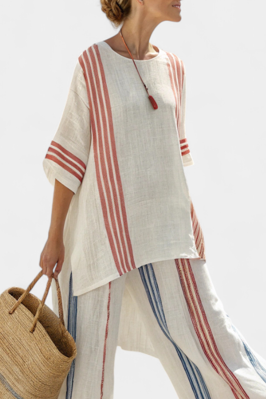 Solvane | Top Listrado Multicolorido Sofisticado & Calças Mediterrâneas