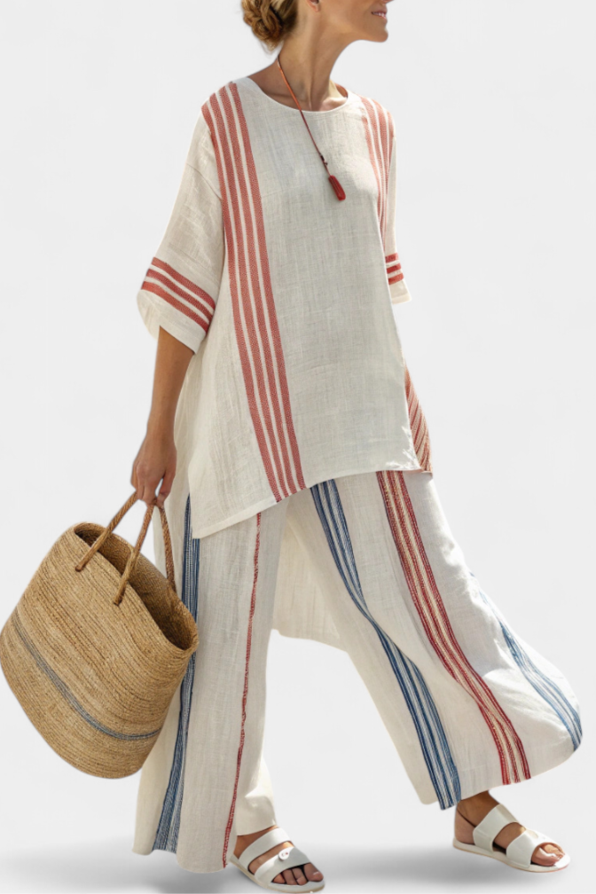 Solvane | Top Listrado Multicolorido Sofisticado & Calças Mediterrâneas